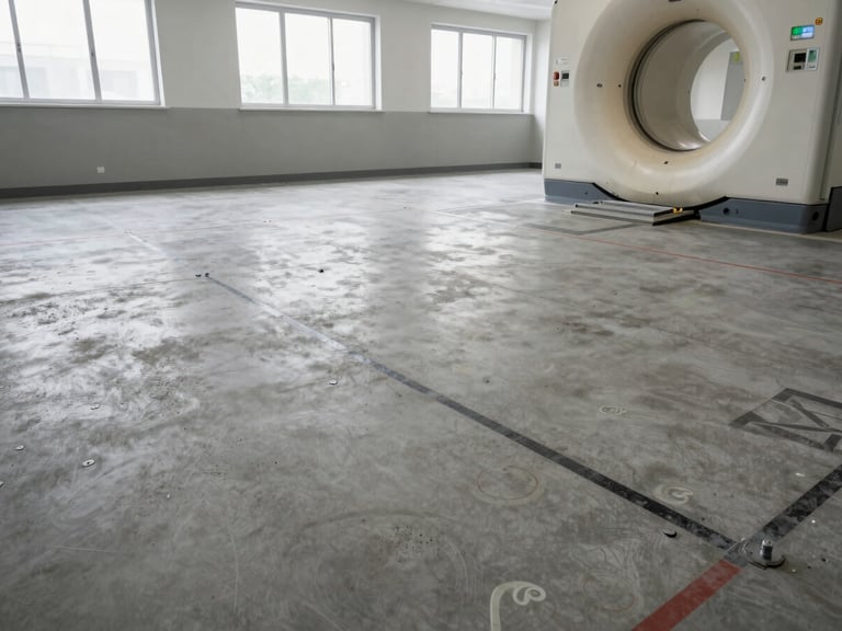 Concrete floor of a CT room being leveled and prepared, structural anchor bolts and floor markings for gantry footprint visible, wide framing showing full room scope under institutional daylight from high windows