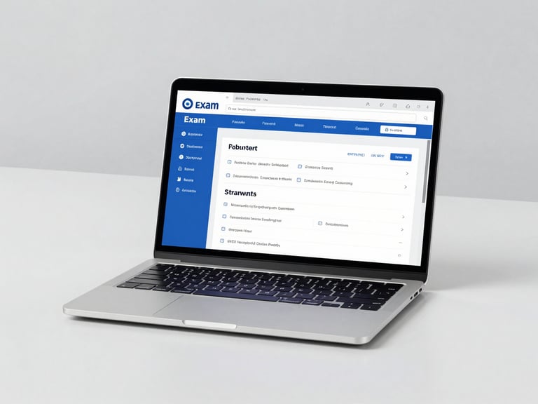 A clean, minimalist workspace with a laptop open showing a professional exam selection screen, bright neutral studio lighting, cool blue tones