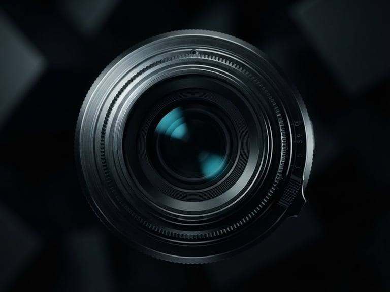 High-fidelity digital render of a sleek metallic camera lens housing, dramatic studio lighting, high contrast, deep moody tones with electric cyan accents, sharp focus, 8k