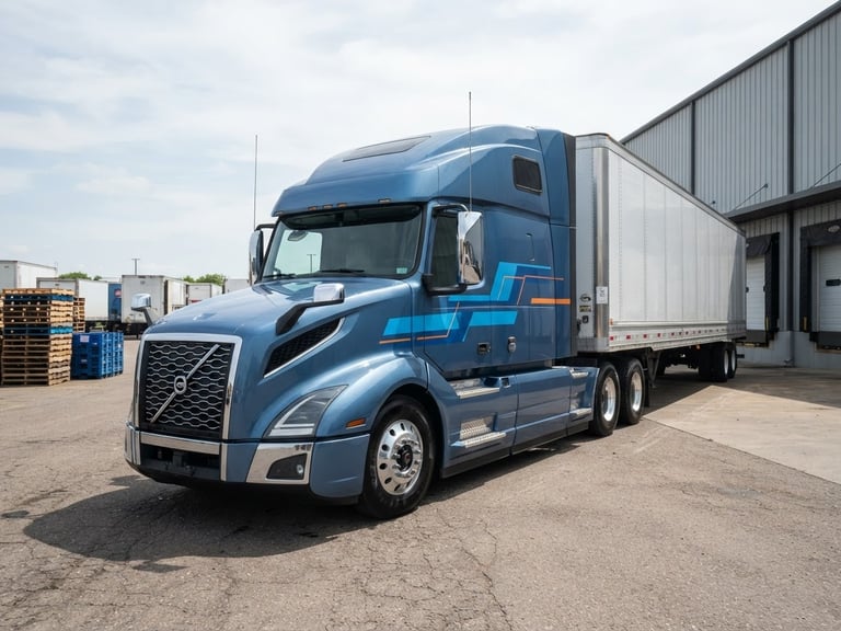 A clean, modern commercial freight truck parked in a bright daylight depot, professional corporate blue branding visible on the side cab, sharp focus, 35mm lens.
