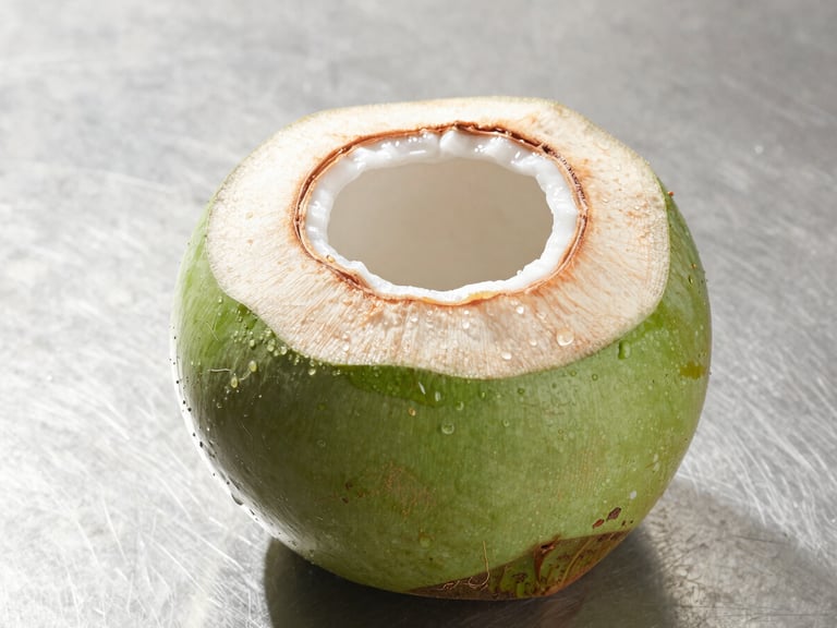 Macro commercial shot of a fresh green Nam Hom coconut sliced open, clear water glistening, bright tropical morning light, clean steel background, 50mm.