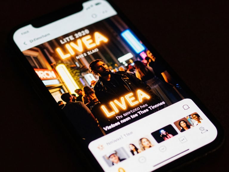 Close-up of a smartphone screen displaying a targeted social media ad for a live event, glowing with electric-amber light, blurred urban background with neon signs, high-contrast, 35mm film grain.