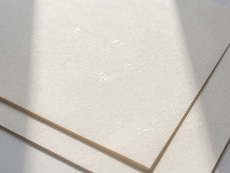 Overhead flat lay of layered heavy-weight cotton paper mockups, soft shadows, subtle pearlescent foil stamp details, diffused morning light