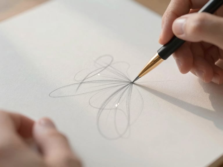 Close-up of hands sketching delicate organic curves on fine textured paper, soft-focus, shallow depth of field, natural morning light