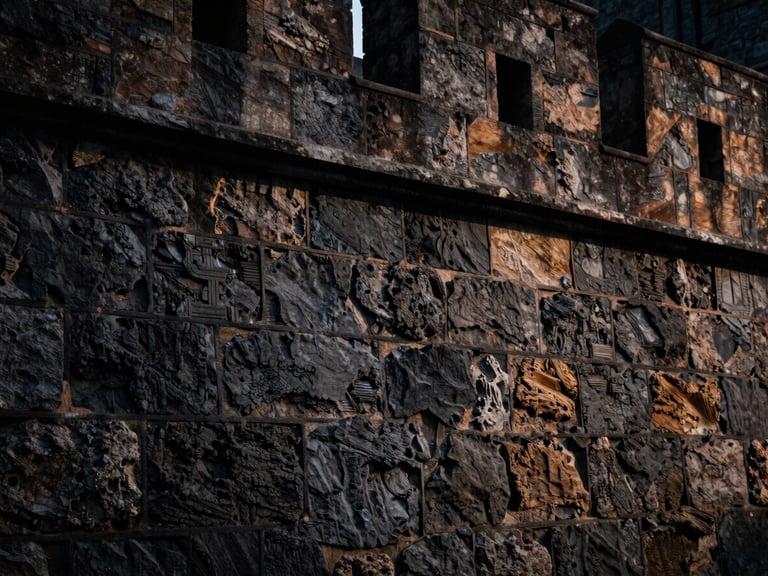 Architectural detail of a strong stone fortress wall, dramatic side-lighting, high contrast