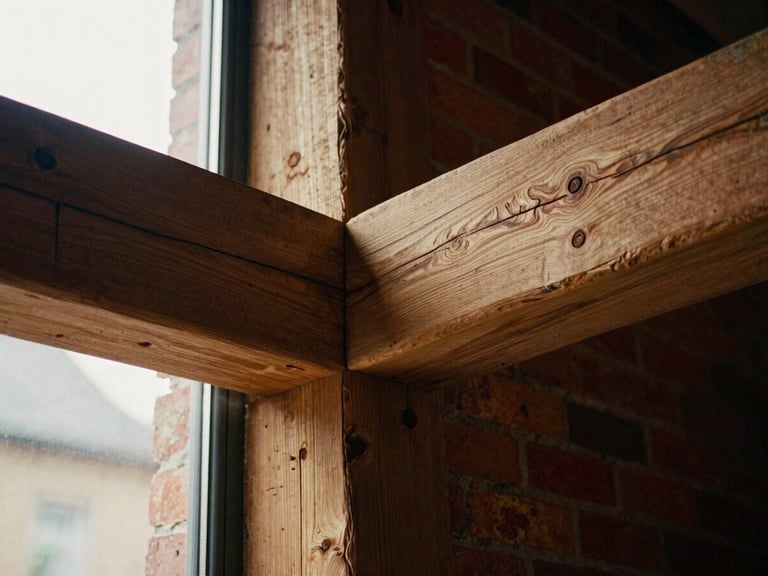 Detailed close-up of hand-hewn oak timber beams meeting a restored red brick wall, soft natural window light, rich deep tones, medium format film