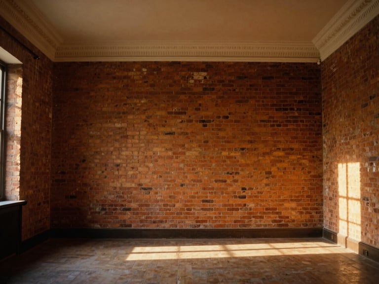 Sunlit interior of an empty historic room with original crown molding and restored brickwork, straight-on architectural crop, warm golden-hour light.