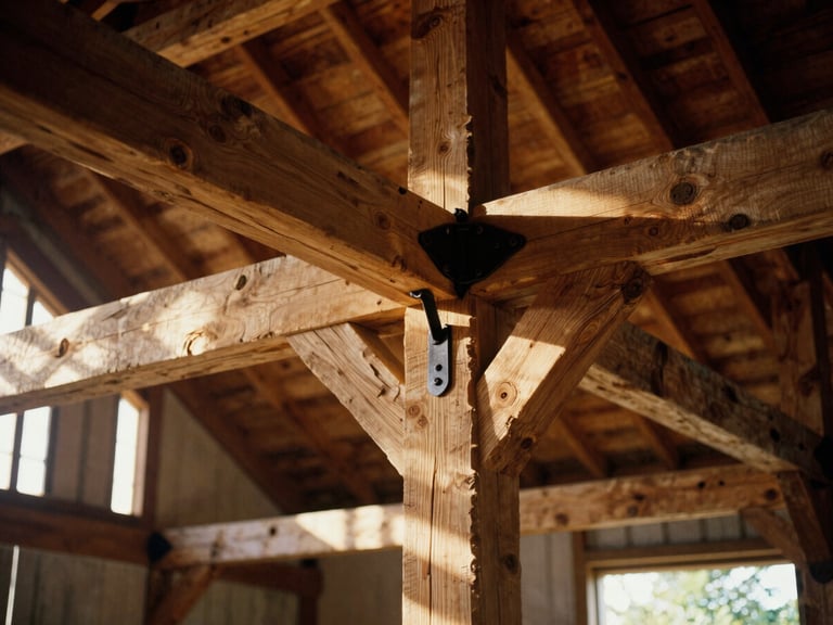 Detailed close-up of hand-hewn oak beams and original iron hardware inside a sunlit historic barn, soft natural side lighting, medium format film.