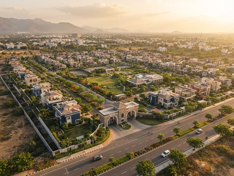 High-angle drone photography of a perfectly planned gated community in Coimbatore, warm golden-hour sunlight highlighting clean paved roads and surveyed plots, 35mm