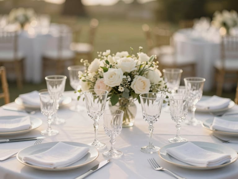 Immaculate wedding table setting with crystal glassware and floral centerpieces, soft golden hour lighting, shallow depth of field.