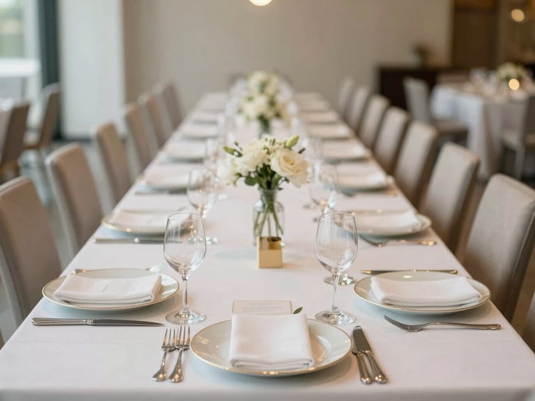 Immaculate table setting for a corporate gala in a modern event space, soft lighting, shallow depth of field, 35mm.