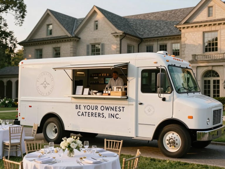 Branded BE YOUR OWN GUEST CATERERS, INC. catering truck parked outside a historic Westchester mansion during golden hour, elegant and professional.