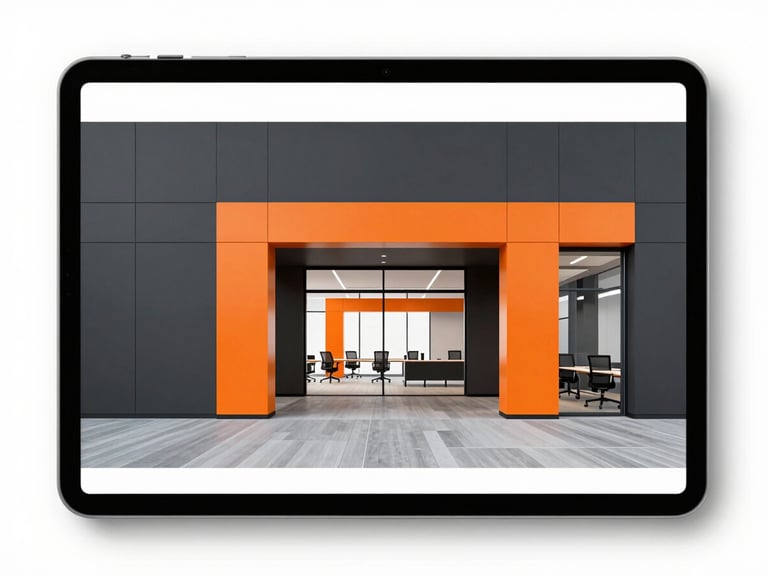 Designer présentant des plans d'aménagement de bureau moderne sur une tablette, lumière studio, composition structurée, sharp studio lighting, high-contrast charcoal and safety orange accents, 35mm.