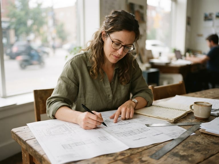 Documentary-style medium shot of a local community planner reviewing architectural blueprints on a wooden table, soft natural window light, muted organic tones.