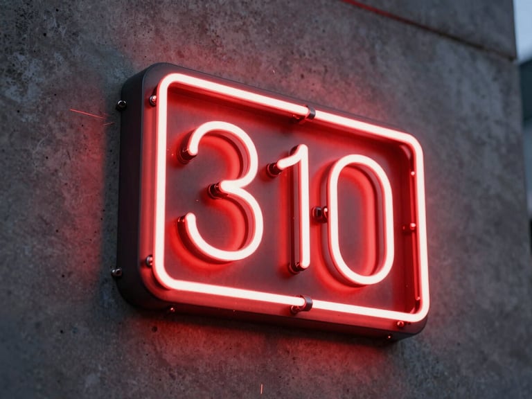 A finished 3D neon box sign glowing with bright red and white LED lights, mounted on a textured concrete wall at dusk, professional architectural framing