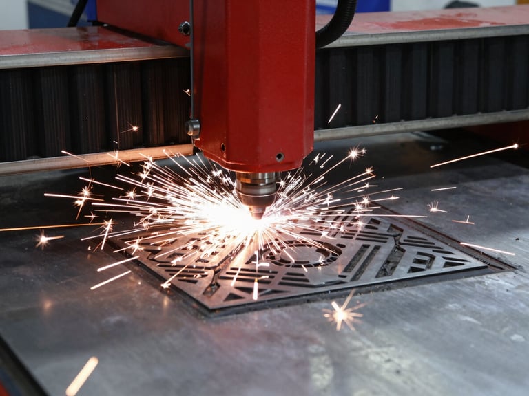 Industrial fiber laser machine cutting a geometric pattern onto a stainless steel sheet, intense white-hot sparks showering down, high-contrast workshop setting