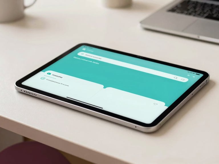 Elegant digital interface on a tablet resting on a clean studio desk, soft daylight, malva and teal color accents, shallow depth of field, 35mm