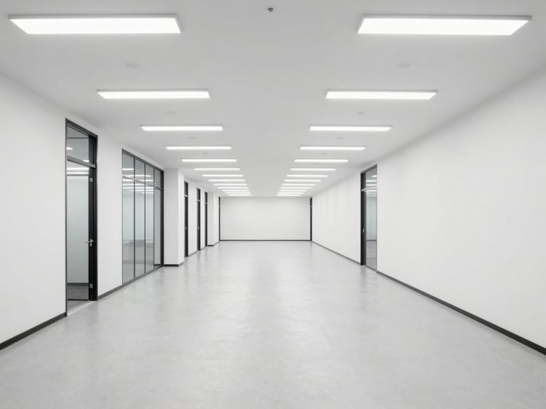 Wide environmental shot of a pristine, empty commercial office corridor with high-key fluorescent lighting, clean industrial environments, sharp focus, professional corporate tones, 35mm