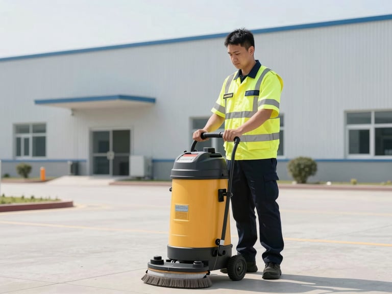 Medium shot of a uniformed team member in high-visibility safety gear operating heavy-duty industrial cleaning equipment in a secure government facility, bright daylight, clean industrial environments, sharp focus, professional corporate tones, 35mm