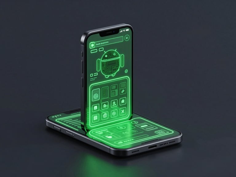 Sleek 3D render of an isometric Android device mockup with glowing green UI wireframes on a deep slate background, high contrast, crisp studio lighting
