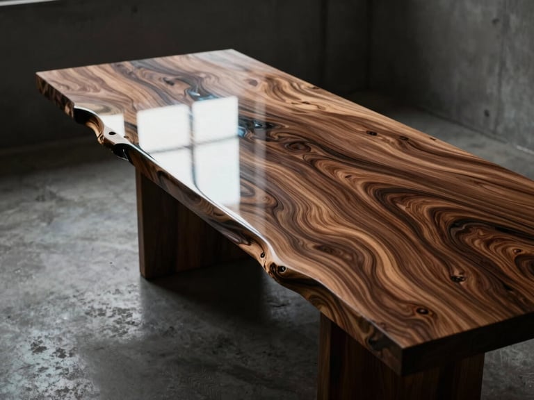 Overhead architectural shot of a massive live-edge rosewood dining table in a moody, minimalist concrete dining room, dramatic side-lighting reflecting off the glass-like resin.
