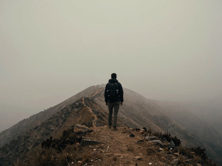 Wide environmental shot of a lone traveler standing on a misty mountain ridge, viewed from behind, overcast lighting, desaturated earth tones, 35mm cinematic photography