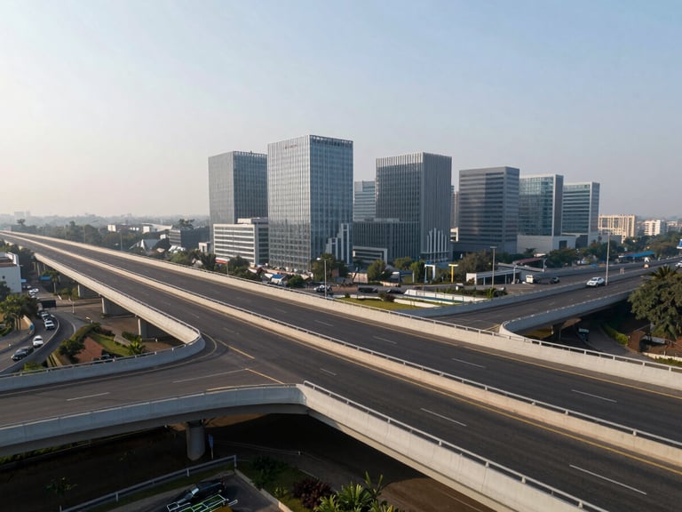 Panoramic environmental shot of Noida's modern multi-lane highway infrastructure and distant corporate hubs, clean geometric lines, crisp morning light.