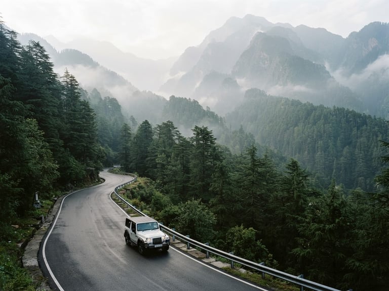Wide environmental shot of a clean white private SUV driving along a winding mountain road in Himachal Pradesh, surrounded by tall mist-covered pine forests, soft morning daylight, 35mm lens