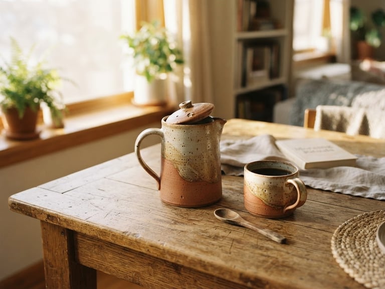 A sunlit wooden dining table with a ceramic coffee pot and warm morning light filtering through a window, shallow depth of field, 35mm