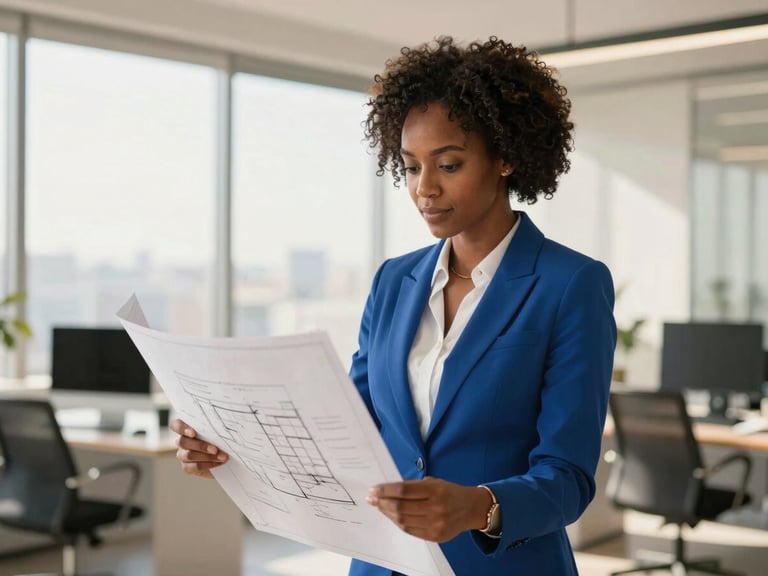 A professional portrait of a female African financial analyst reviewing architectural blueprints in a bright modern office, natural daylight, warm undertones, professional premium photography.