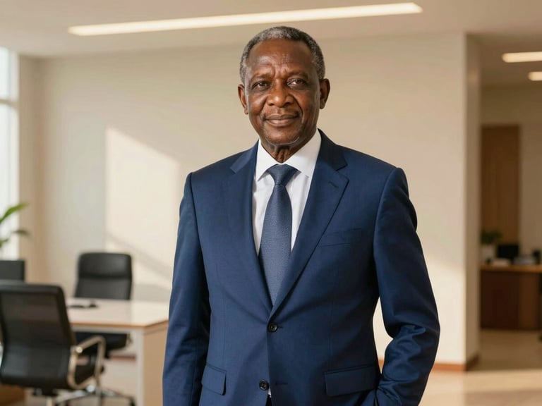 A professional portrait of a senior African male executive in a tailored dark blue suit, warm golden lighting, modern minimalist office background in N'Djamena, corporate editorial style.