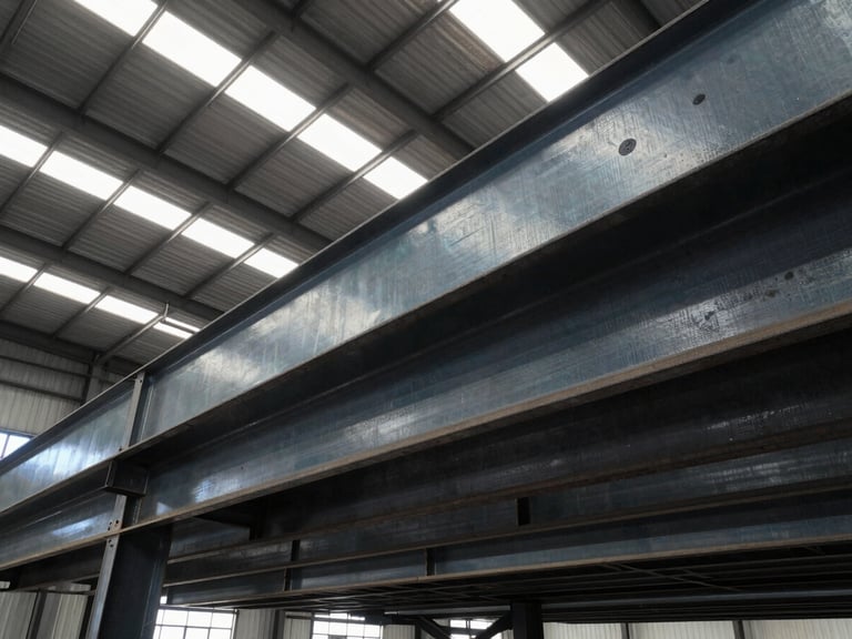 Wide-angle overhead shot of raw structural steel beams stacked in a dark, high-contrast industrial warehouse, overcast daylight cutting through skylights, steel-blue desaturated tones.