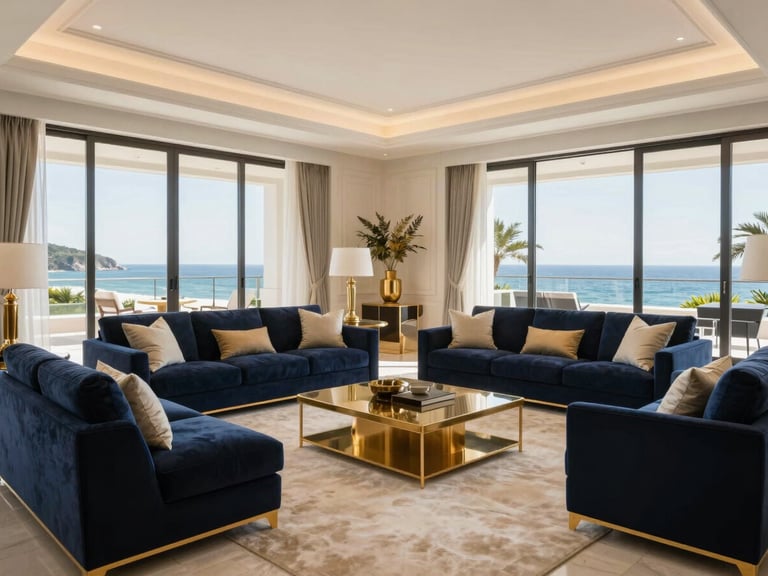 Wide shot of a perfectly organized and pristine living room in a luxury estate, soft coastal daylight, no people, luxury architectural photography, bright warm coastal daylight, deep navy and gold accents, high-end editorial, 35mm