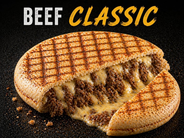 A classic grilled beef TOASTIS sandwich with melted cheese and seasoned ground meat
