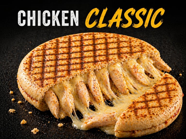 Grilled classic chicken TOASTIS sandwich with melted cheese pull on a dark background.