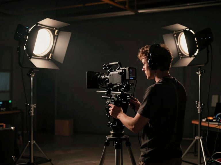 A professional film set with heavy lighting rigs, a camera operator framing a scene in a moody dark studio, low-key lighting, 35mm.