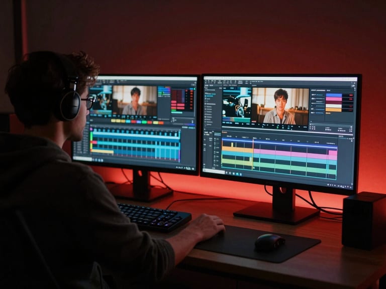 An editor working on a color grading suite in a dark room, dual monitors glowing with cinematic footage, soft red ambient backlighting, 35mm.