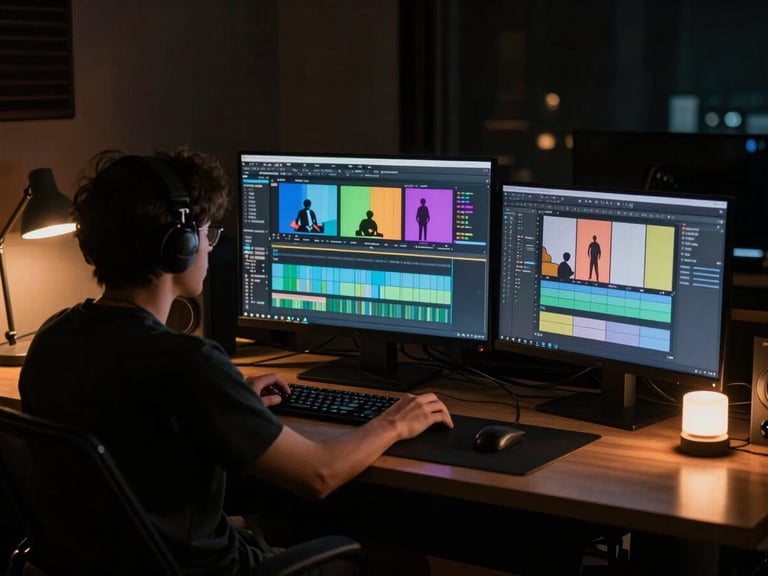 Moody low-key editing studio, professional editor analyzing storyboards on multiple glowing color-grading monitors, warm practical desk lamps, deep shadows