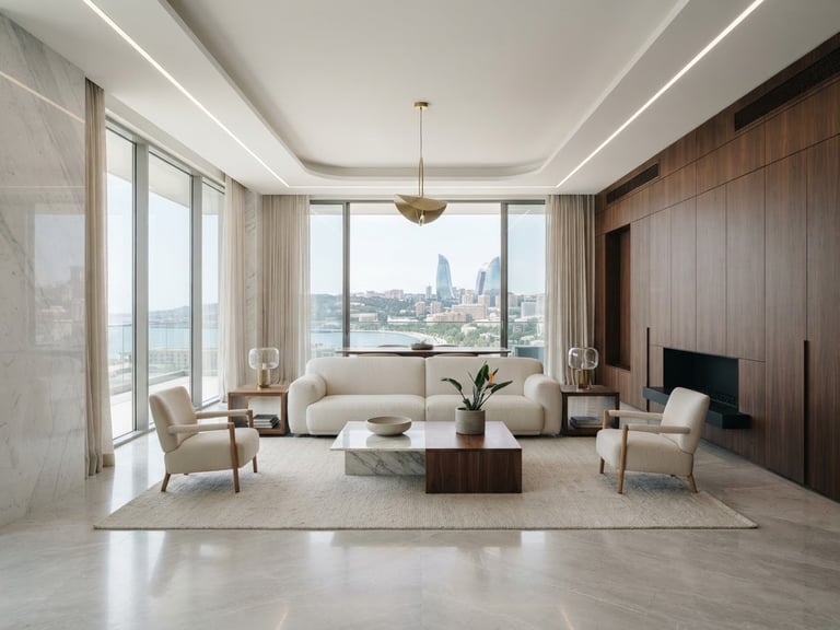 Symmetrical architectural photography of a modern luxury apartment in Baku, living room with clean marble and walnut wood transitions, soft natural daylight, minimal styling, 35mm lens
