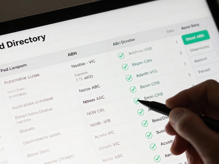 High-fidelity UI mockup of a B2B lead directory table, featuring real Australian business names, NSW and VIC locations, active ABN badges, verified email checkmarks, and direct dial columns, clean white interface.