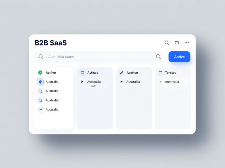 High-fidelity UI mockup of a B2B SaaS dashboard showing a clean search bar, active filter tags for Australian states, and a subtle drop shadow on a light slate background.