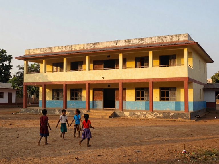 A newly constructed, brightly painted school building in a rural Indian setting, with children playing happily in the foreground, golden-hour light, wide shot.