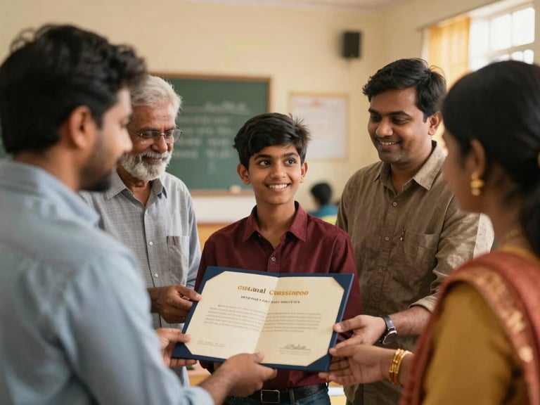 A proud young Indian student receiving a scholarship certificate, surrounded by supportive mentors, in a well-lit educational setting. Hopeful expression, warm light.