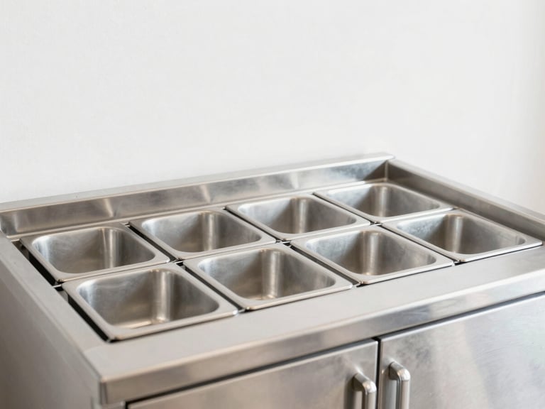 Bright commercial photography of a clean stainless steel athletic fueling station with organized prep bins, sharp focus, 35mm