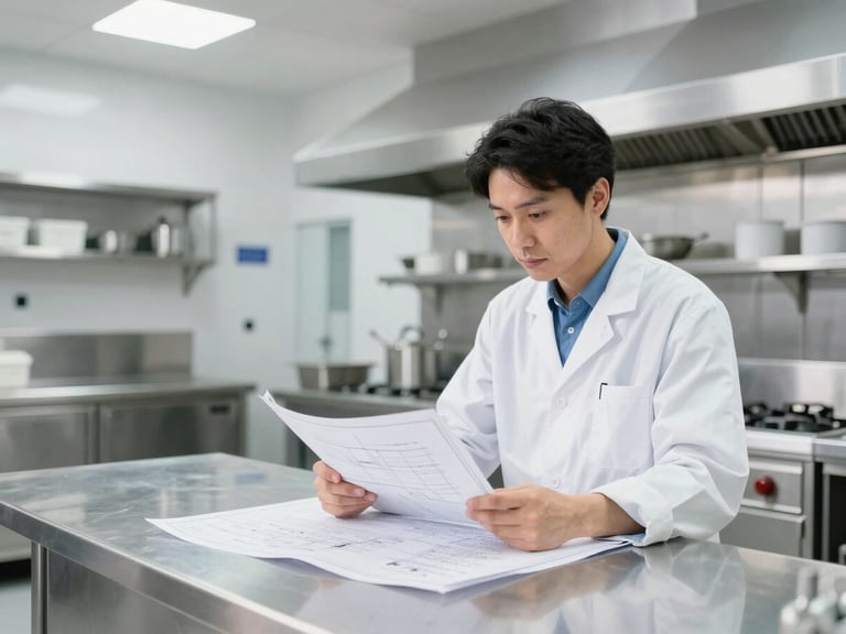 A professional consultant in a clean modern institutional kitchen reviewing blueprints on a stainless steel counter, bright commercial lighting, 35mm