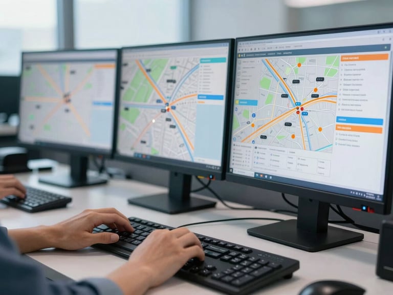 Close-up of a dispatcher's hands on a keyboard, with multiple monitors displaying logistics routing maps and fleet tracking data in a modern, well-lit office. Bright morning daylight, cool blue and industrial orange tones.