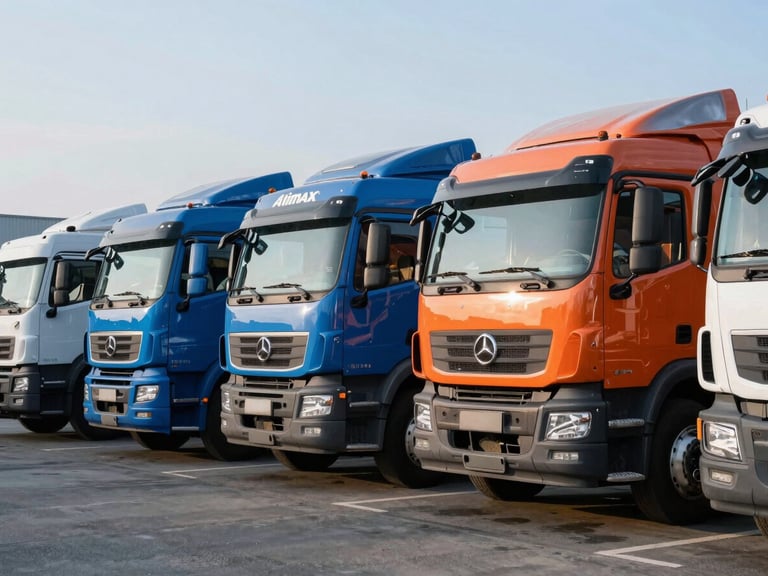 Altimax Solutions commercial trucks parked in a well-maintained yard, crisp morning daylight, cool blue and industrial orange tones, sharp focus, 35mm.