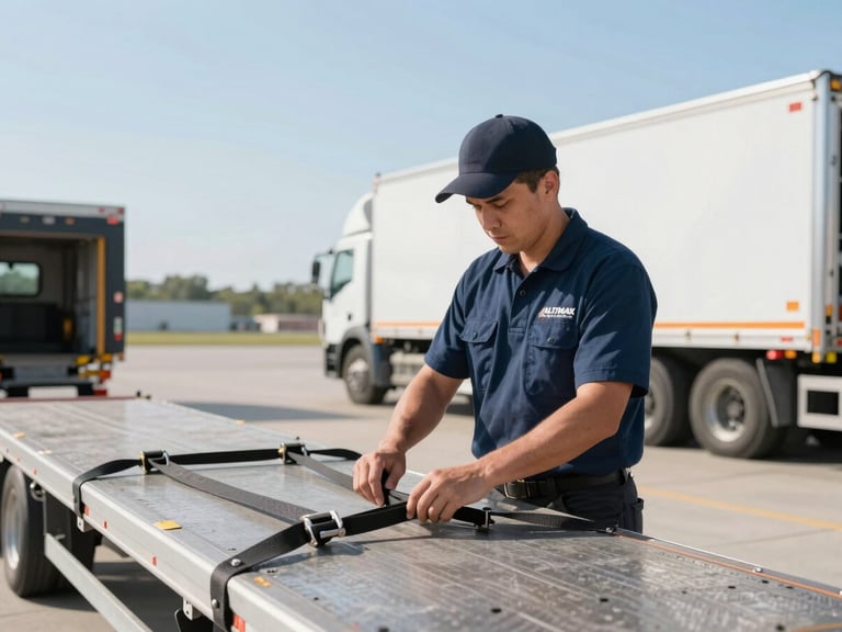 Medium shot of a professional ALTIMAX SOLUTIONS LLC driver in uniform, inspecting cargo straps on a flatbed trailer in a well-lit loading dock. Crisp morning daylight, sharp focus.