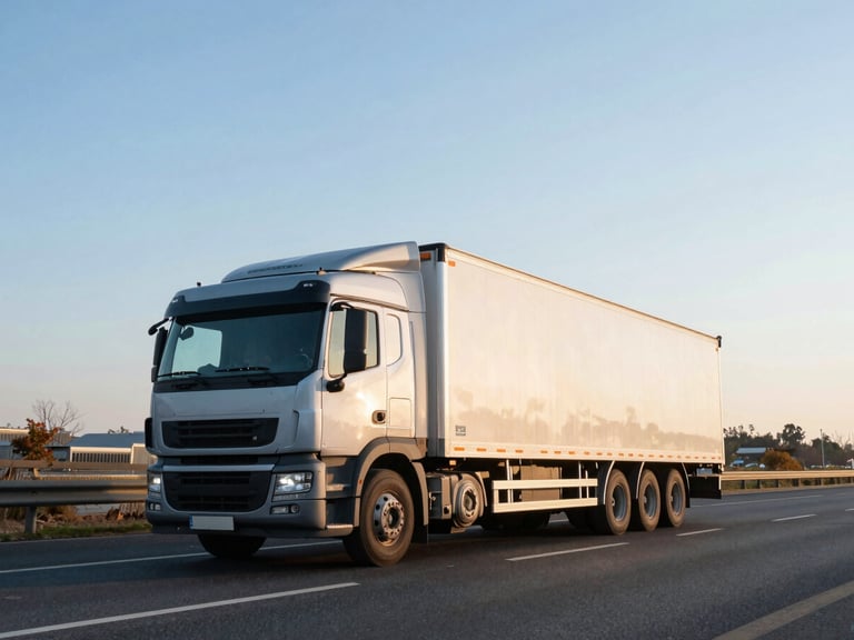 Wide shot of a modern commercial truck driving on a multi-lane highway at sunrise, clear skies, showing efficient movement through an urban-adjacent landscape. Cool blue and industrial orange tones.