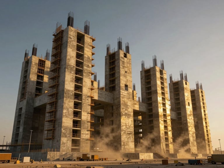Dramatic architectural rendering of a massive Saudi infrastructure project under golden hour light, towering concrete structures, steel reinforcements, clean scaffolding, volumetric dust rays, 8k resolution, cinematic composition.